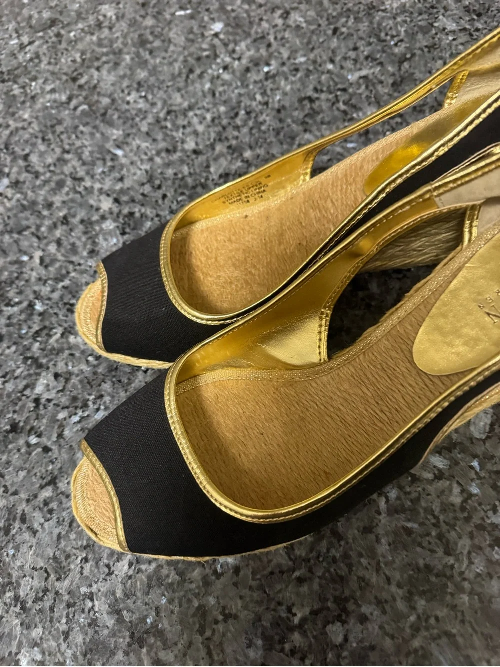Ralph Lauren Black and Gold Peep-Toe Espadrille Flats